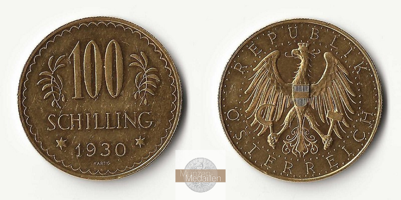 ÖSTERREICH, 1. Republik 1925-1938. MM-Frankfurt Feingold: 21,17g 100 Schilling 1930 