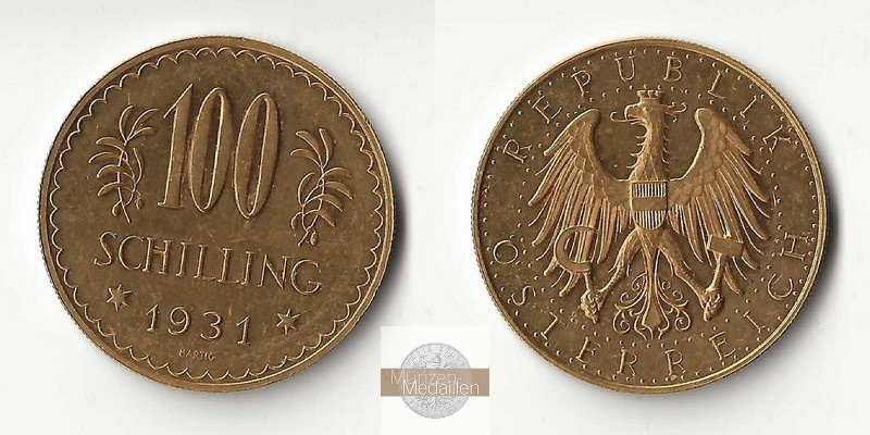 ÖSTERREICH, 1. Republik 1925-1938. MM-Frankfurt Feingold: 21,17g 100 Schilling 1931 