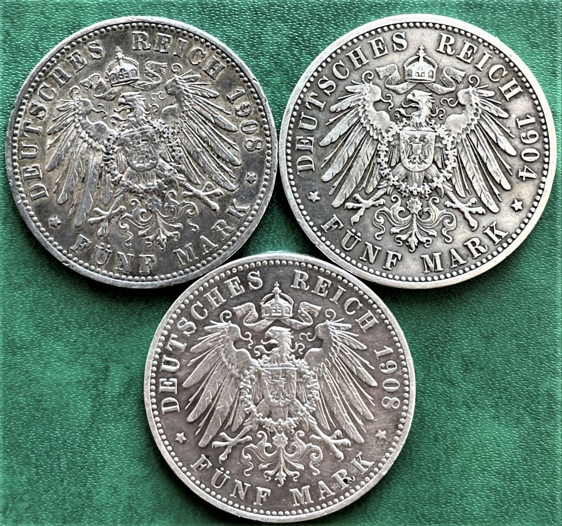  Lot 3x 5 Mark Bayern (1904D 2x 1908D) Silber 75 Gramm fein   