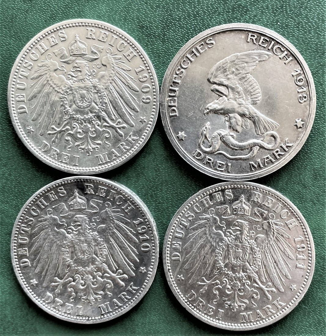  Lot 4x 3 Mark Bayern, 2x Preußen, Württemberg Silber 60 Gramm fein   
