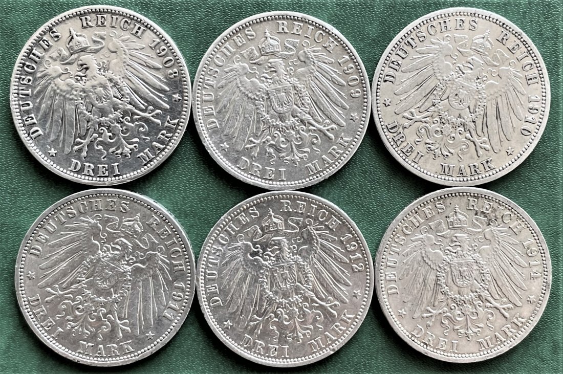  Lot 6x 3 Mark Preußen 1908,09,10,11,14) Silber 90 Gramm fein   