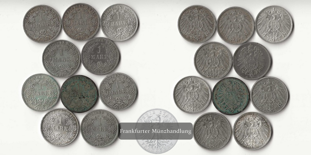  Kaiserreich 1873-1915, 10 x 1 Mark verschiedene Jgg. FM-Frankfurt Feinsilber: 50,04g   