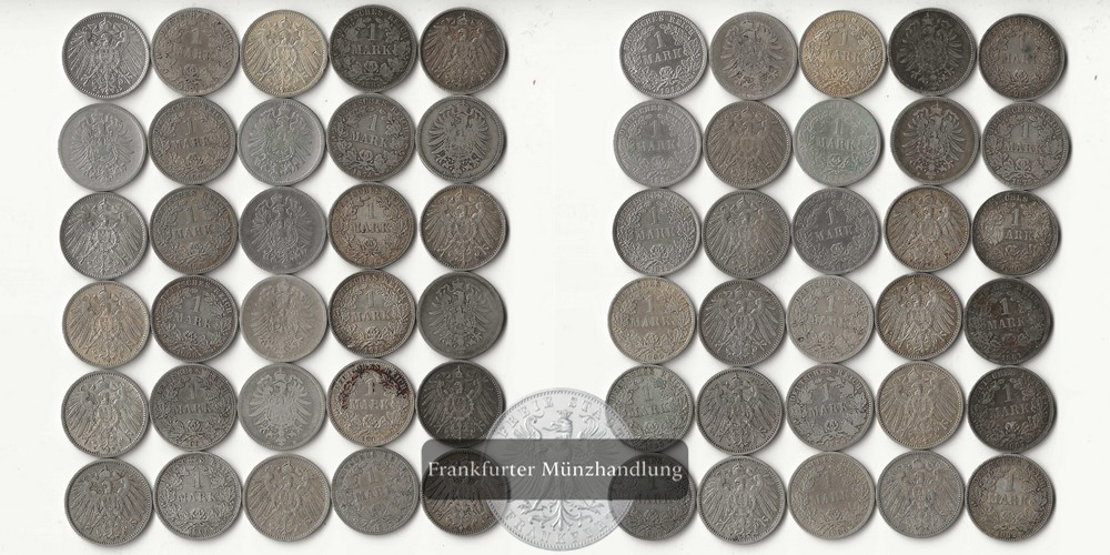  Kaiserreich 1873-1915,  30 x 1 Mark verschiedene Jgg. FM-Frankfurt Feinsilber: 150,12g   