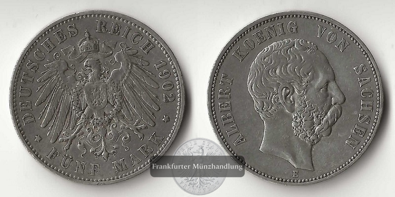  Sachsen, Kaiserreich  5 Mark  1902 E  FM-Frankfurt Feinsilber: 25g   