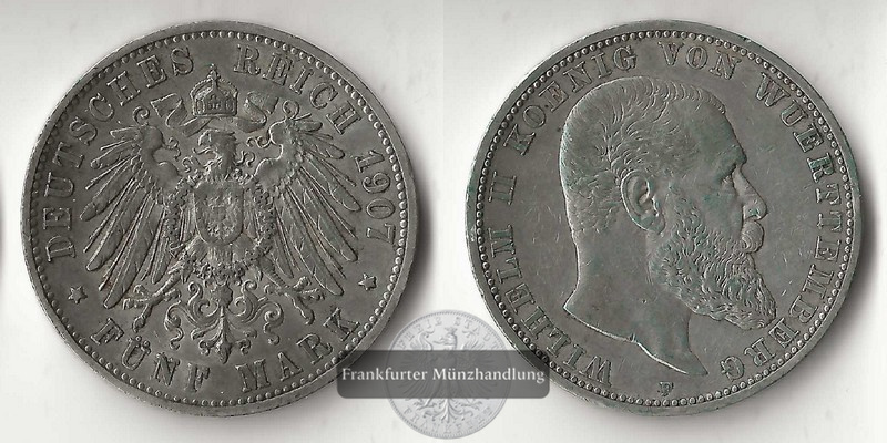  Württemberg, Kaiserreich  5 Mark  1907 F  FM-Frankfurt Feinsilber: 25g   