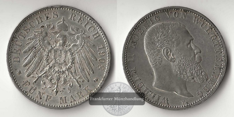  Dt. Kaiserreich,Württemberg 3 Mark  1908 F   Wilhelm II. 1891-1918  FM-Frankfurt   Feinsilber: 15g   