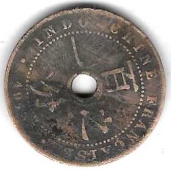  FranzösischIndochina 1 Cent 1913, Bro, schlechter Erhalt, siehe Scan unten   