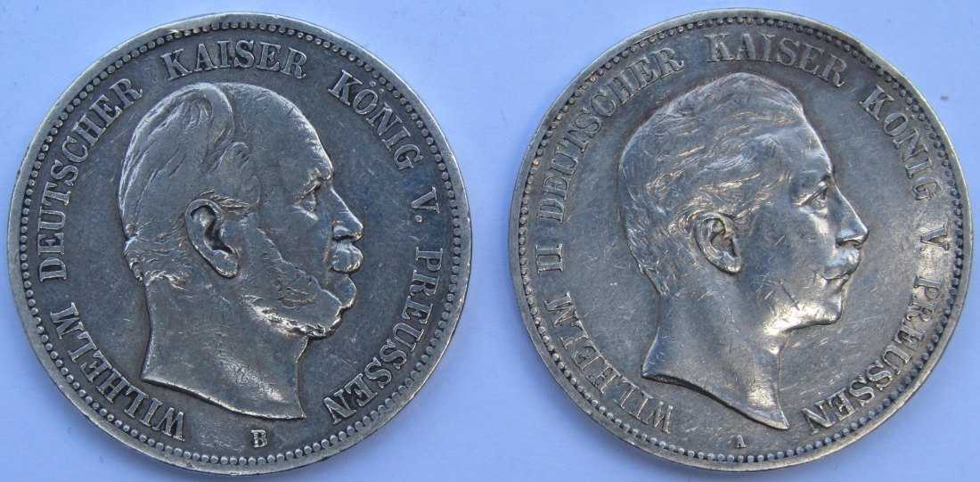  Kaiserreich: Preußen, 2 x 5 Mark Wilhelm I. + II., 1875 B + 1903   