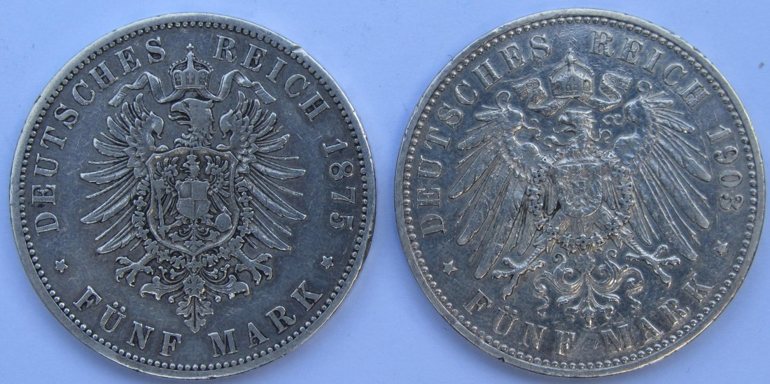  Kaiserreich: Preußen, 2 x 5 Mark Wilhelm I. + II., 1875 B + 1903   