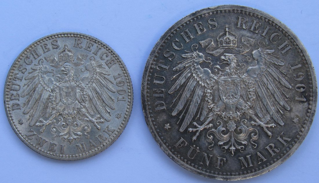  Kaiserreich: Preußen, 2 + 5 Mark Königreich (Jaeger 105 + 106) 1901   