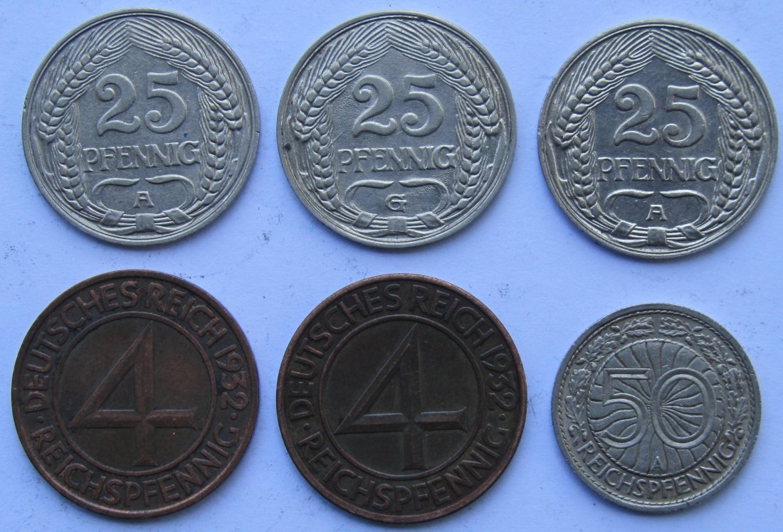  Deutsches Reich: Lot aus sechs selteneren Kleinmünzen   