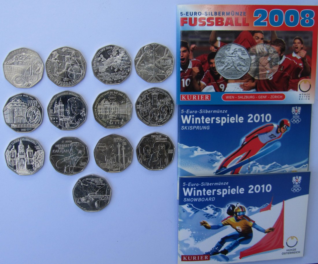  Österreich: Lot aus 16 verschiedenen 5-Euro-Silbermünzen 2003-2010, zusammen 128 g Feinsilber   