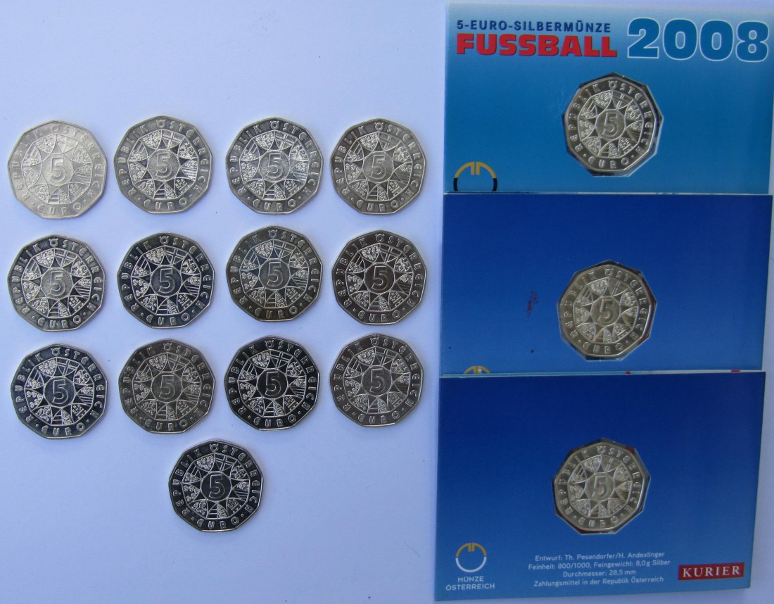  Österreich: Lot aus 16 verschiedenen 5-Euro-Silbermünzen 2003-2010, zusammen 128 g Feinsilber   