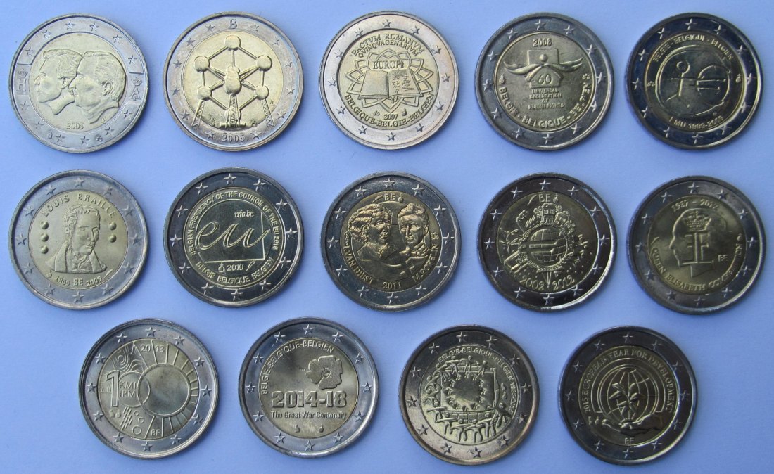  Belgien: Lot aus 14 verschiedenen 2-Euro-Gedenkmünzen   