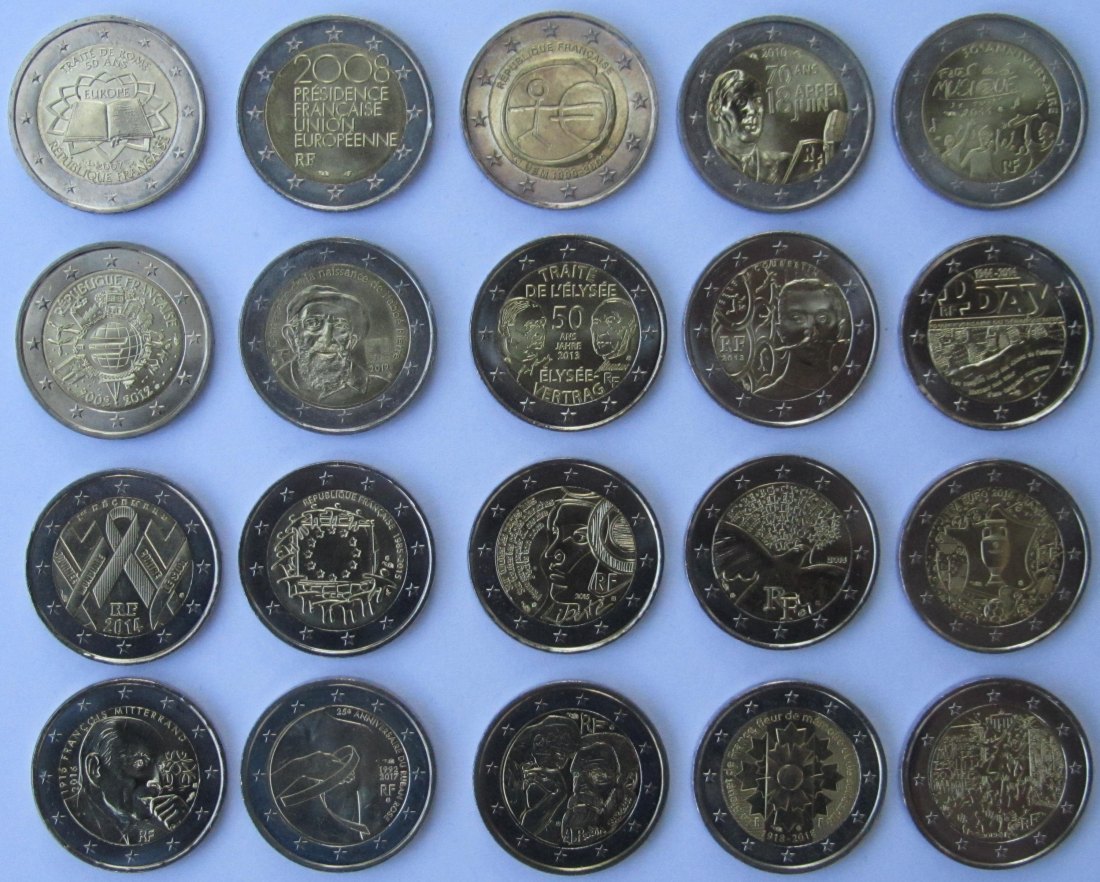  Frankreich: Lot aus 20 verschiedenen 2-Euro-Gedenkmünzen   