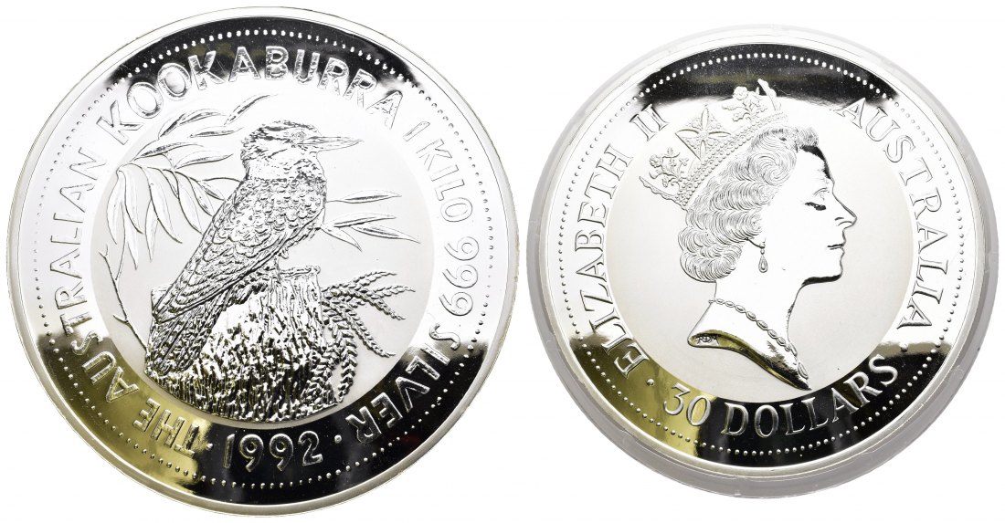 PEUS 9267 Australien 1000 g Feinsilber. Kookaburra auf Baumstumpf 30 Dollars 1 kg SILBER 1992 Uncirculated (Kapsel)