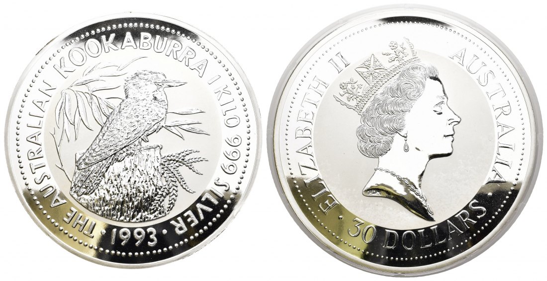 PEUS 9268 Australien 1000 g Feinsilber. Kookaburra auf Baumstumpf 30 Dollars 1 kg SILBER 1993 Uncirculated (Kapsel)