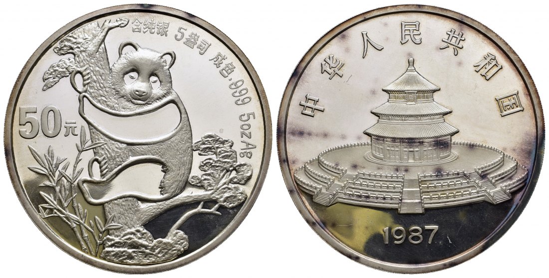 PEUS 9269 China 155,5 g Feinsilber. Panda auf Baum 50 Yuan SILBER 5 Unzen 1987 Impaired Proof / Vorzüglich + aus PP