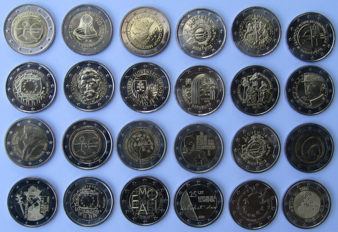  Slowakei/Slowenien: Lot aus 24 verschiedenen 2-Euro-Gedenkmünzen   
