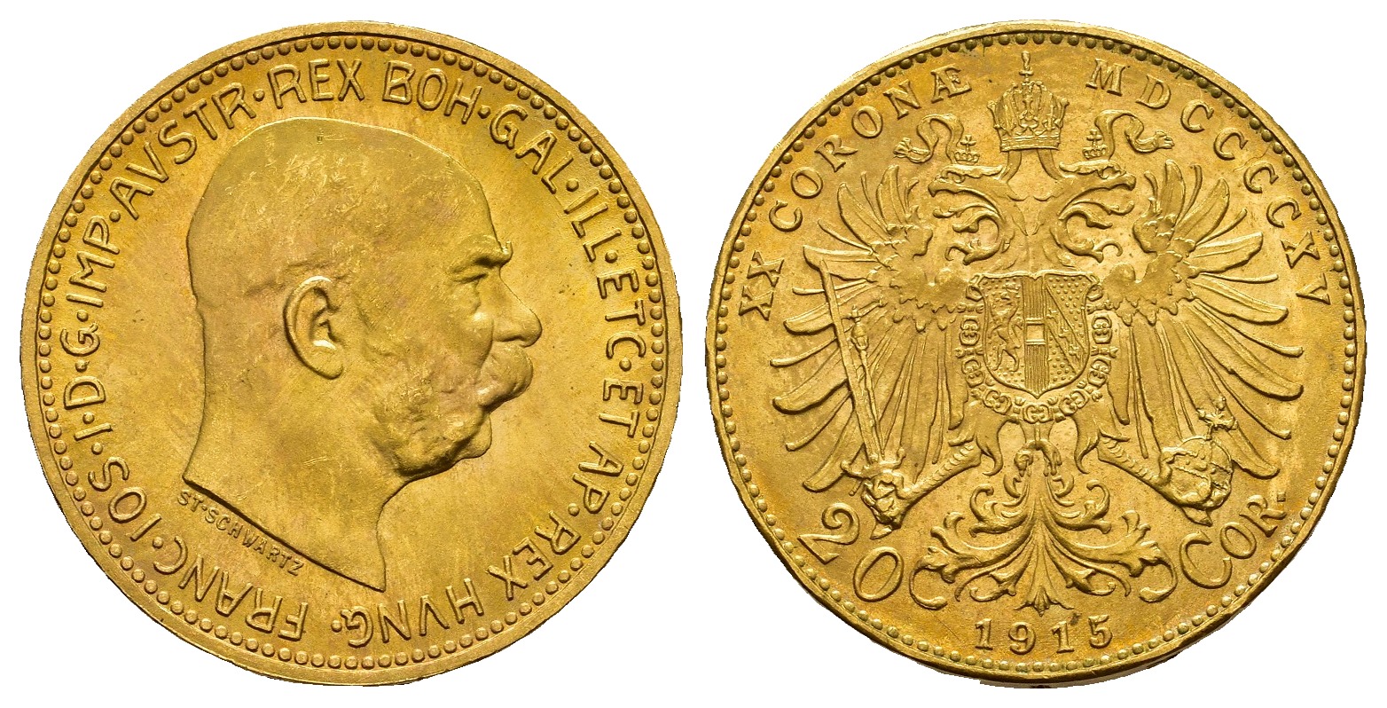 PEUS 9189 Österreich 6,1 g Feingold. Franz Joseph I. (1848 - 1916) 20 Kronen (off.NP) GOLD 1915 Stempelglanz