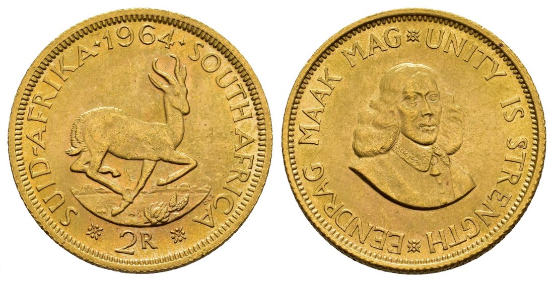 PEUS 9192 Südafrika 7,32 g Feingold 2 Rand GOLD 1964 Kl. Kratzer, Vorzüglich
