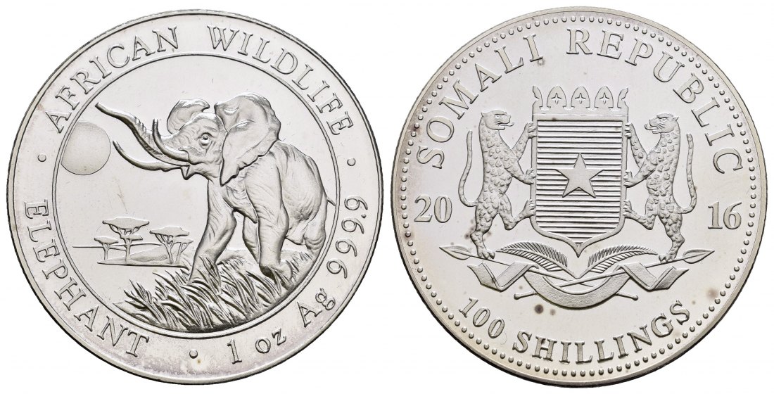 PEUS 9207 Somalia 31,1 g Feinsilber. Afrikanischer Elefant 100 Shillings SILBER Unze 2016 Impaired Proof / Vorzüglich + aus PP