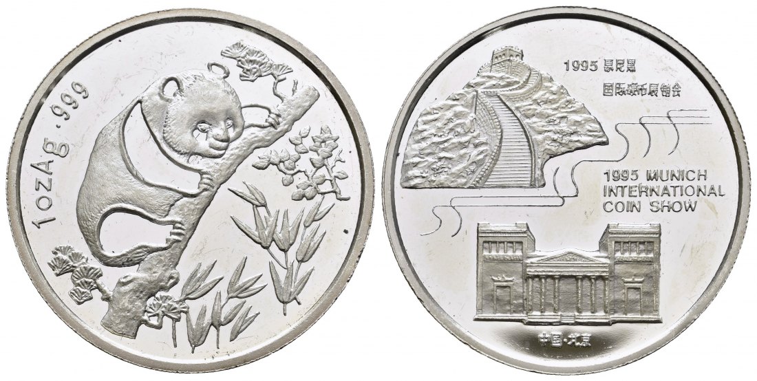 PEUS 9212 China 31,1 g Feinsilber. Panda / Munich International Coin Show. Unze SILBER 1995 Uncirculated