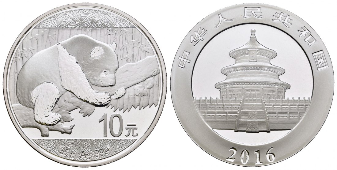 PEUS 9213 China 30 g Feinsilber. Panda auf Ast 10 Yuan SILBER Unze 2016 Uncirculated (Kapsel)