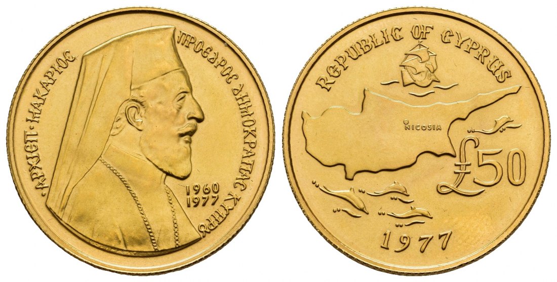 PEUS 9264 Zypern 14,65 g Feingold. Gedenkausgabe zum Tod v. Makarios III. (1959 - 1977) 50 Pounds GOLD 1977 Stempelglanz