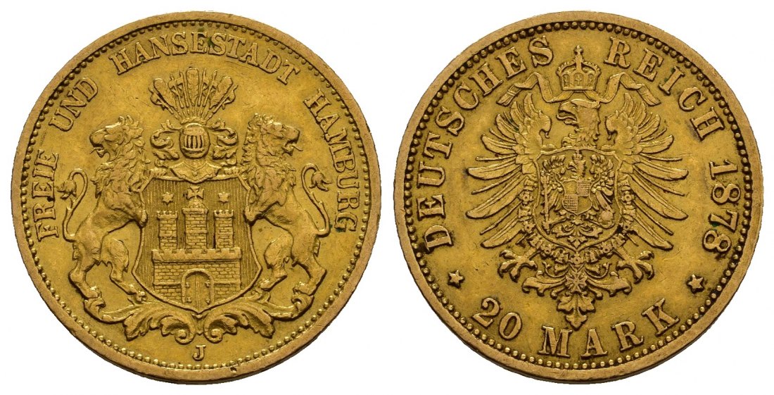 PEUS 9274 Hamburg - Kaiserreich 7,16 g Feingold. Stadtwappen / Kleiner Adler 20 Mark GOLD 1878 J Sehr schön
