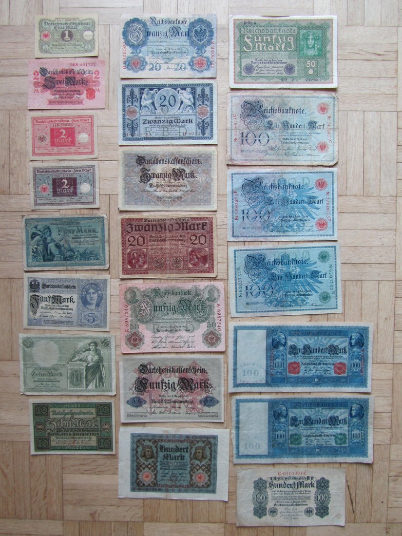  Deutsches Reich: Lot aus 22 verschiedenen Banknoten bis 100 Mark (bis 1923)   