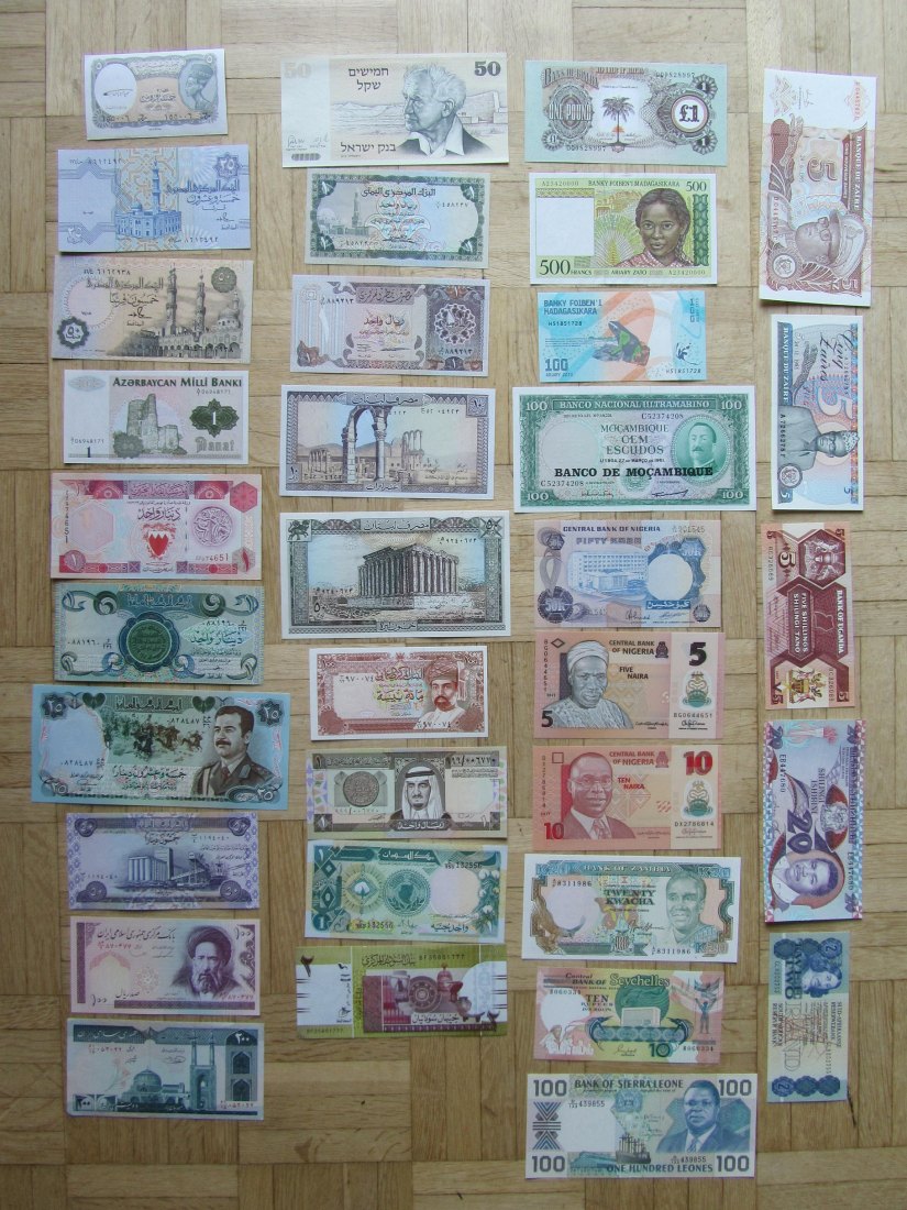  Naher Osten/Afrika: Lot aus 34 verschiedenen Banknoten, alle kassenfrisch   
