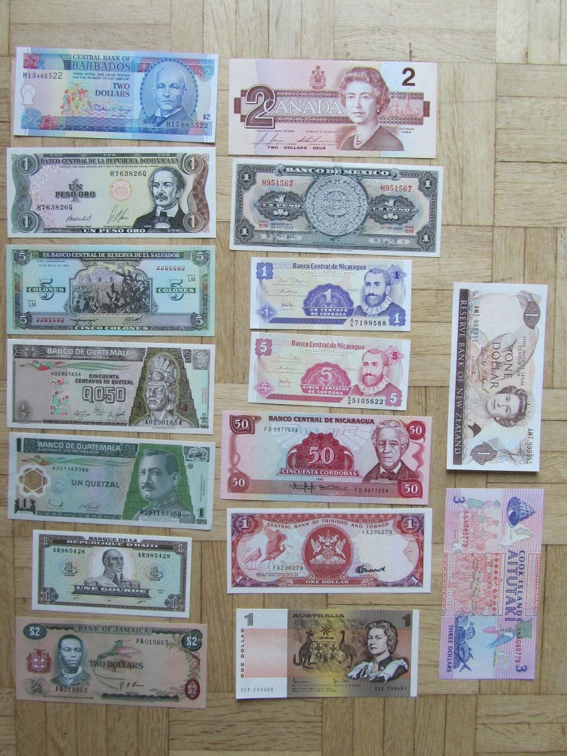  Nordamerika/Ozeanien: Lot aus 16 verschiedenen Banknoten, alle kassenfrisch   