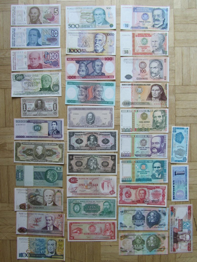  Südamerika: Lot aus 34 verschiedenen Banknoten, alle kassenfrisch   