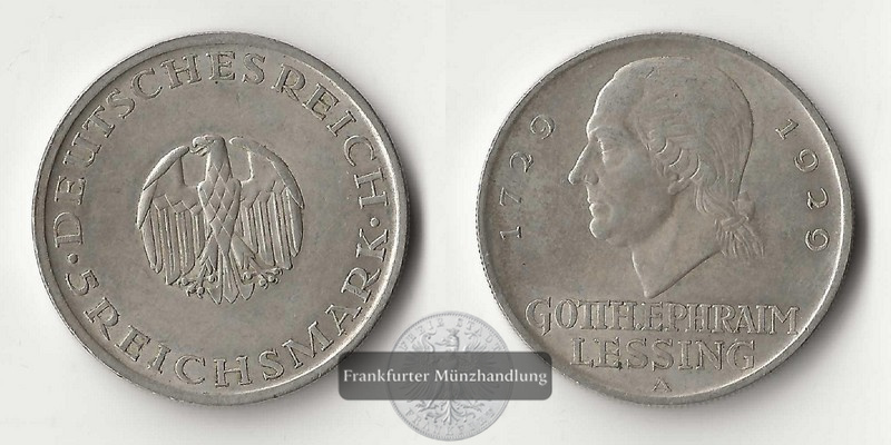  Deutsches Reich, Weimarer Rep.  5 Reichsmark  1929 A FM-Frankfurt  Feinsilber: 12,5g   