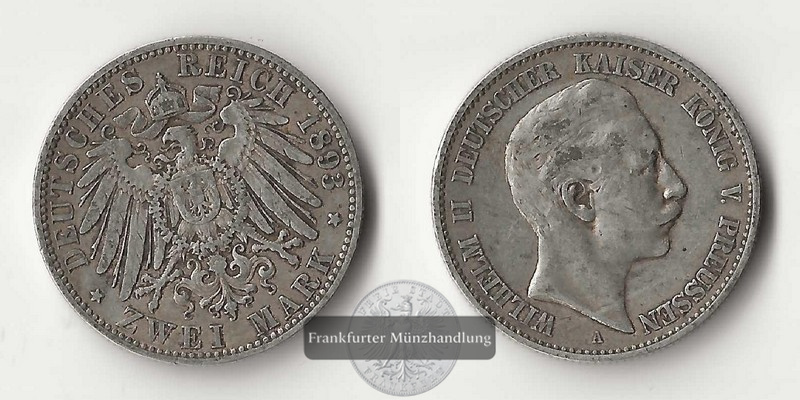  Preussen, Kaiserreich  2 Mark 1893 A  Wilhelm II. 1888 - 1918   FM-Frankfurt Feinsilber: 10g   