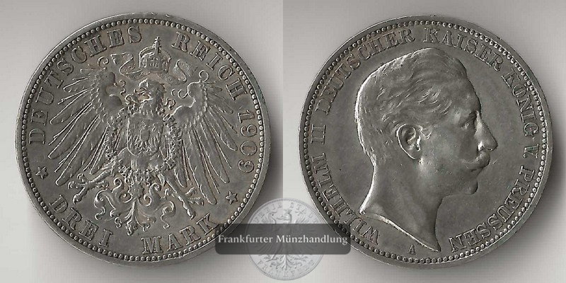  Preussen, Kaiserreich  3 Mark  1909 A  Wilhelm II.   FM-Frankfurt   Feinsilber: 15g   