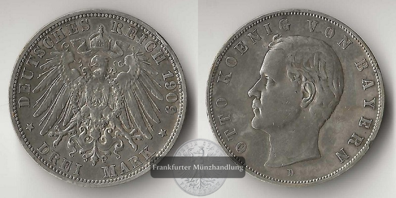  Deutsches Kaiserreich, Bayern  3 Mark  1909 D  Otto   FM-Frankfurt   Feinsilber: 15g   