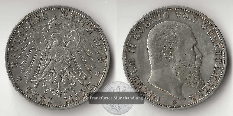  Württemberg, Kaiserreich  3 Mark  1909 F   Wilhelm II.  FM-Frankfurt  Feinsilber: 15g   
