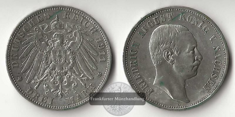  Sachsen, Kaiserreich  3 Mark  1911 E  Friedrich August III FM-Frankfurt Feinsilber: 15g   