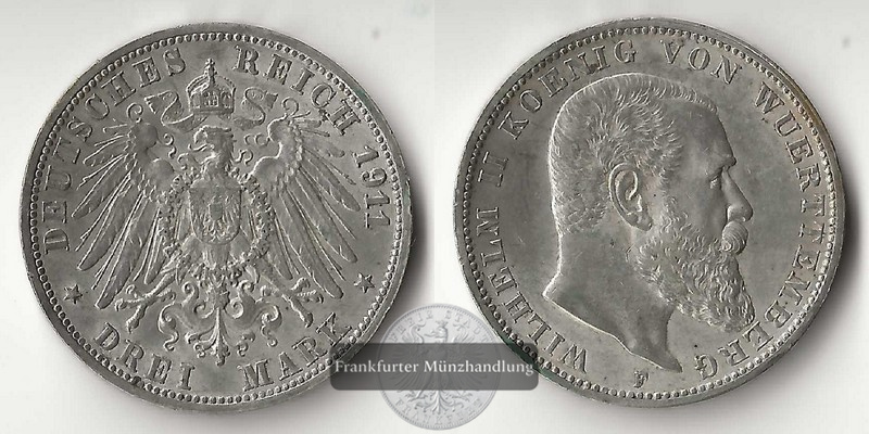  Württemberg, Kaiserreich  3 Mark  1911 F   Wilhelm II. 1891-1918  FM-Frankfurt   Feinsilber: 15g   