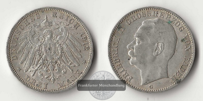  Deutsches Kaiserreich. Baden, Friedrich II. 3 Mark 1912 G  FM-Frankfurt Feinsilber: 15g   