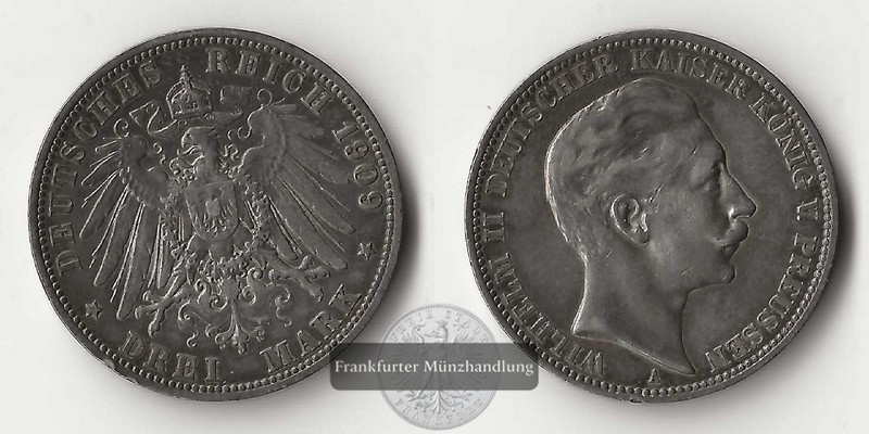  Preussen, Kaiserreich  3 Mark  1909 A  Wilhelm II.   FM-Frankfurt   Feinsilber: 15g   