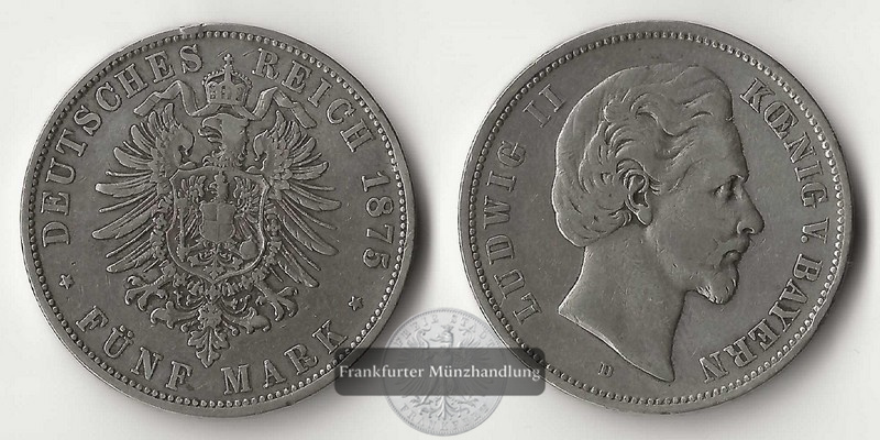  Bayern, Kaiserreich  5 Mark  1875 D  Ludwig II  FM-Frankfurt Feinsilber: 25g   