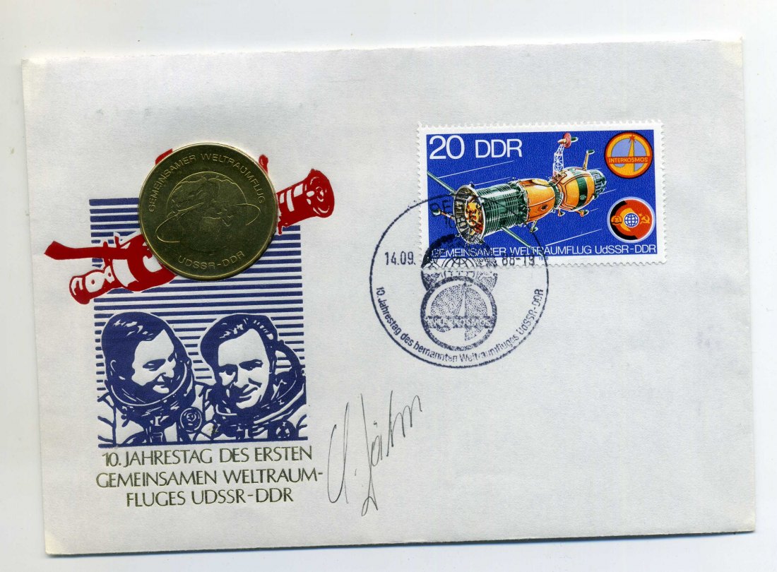  10. Jahrestag 1. Weltraumflug mit Original Unterschrift Sigmund Jähn + 10 Mark DDR Weltraumflug RAR   