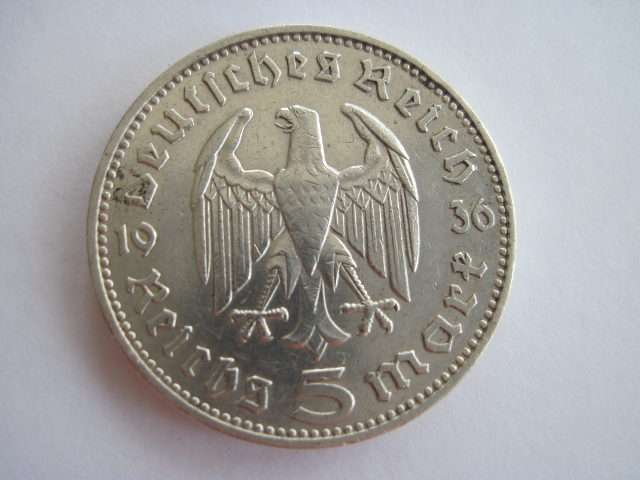  5 RM Reichsmark 1936 J Paul v. Hindenburg, ohne HK, 900er Silber   