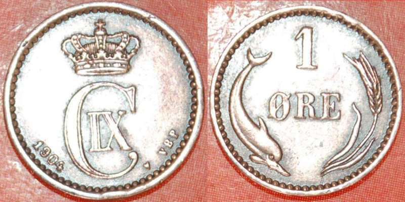  * ERROR ★ DENMARK★ 1 ORE 1904 / 1804 DOLPHIN! INTERESTING TYPE 1874-1904!  LOW START ★ NO RESERVE!   