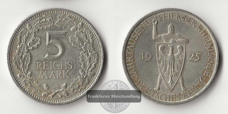  BRD, Weimarer Republik   5 Reichsmark   1925 A   FM-Frankfurt   Feinsilber: 12,5g   