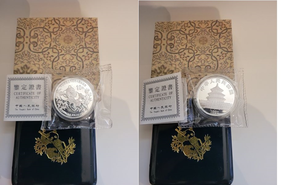  China Piefort Panda 10 Y 1991  OVP  PP Silber Golden Gate Münzenankauf Koblenz Frank Maurer W810   