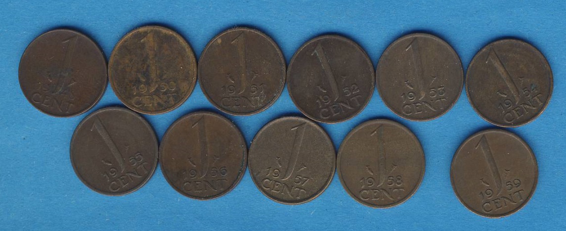  Niederlande 11x 1 Cents 1948 - 1959 kompl nur verschiedene   